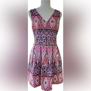 Vince Camuto Pink Multi-Print V-Neck Fit & Flare Mini Dress
